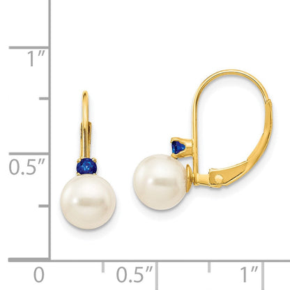 14K Gelbgold 6 6.5mm Weiß Rund Fw Zuchtperle Saphir Ohrhänger mit Brisur