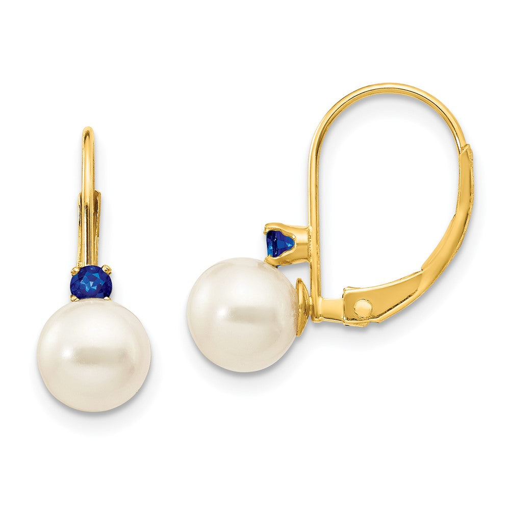 14K Gelbgold 6 6.5mm Weiß Rund Fw Zuchtperle Saphir Ohrhänger mit Brisur