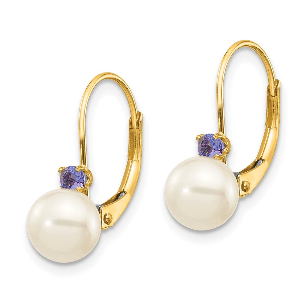 14K Gelbgold 6-6.5mm Weiß Rund Fw Zuchtperle Tansanit Ohrhänger mit Brisur