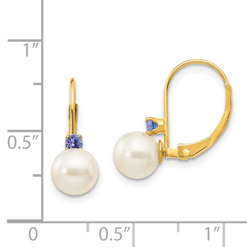 14K Gelbgold 6-6.5mm Weiß Rund Fw Zuchtperle Tansanit Ohrhänger mit Brisur