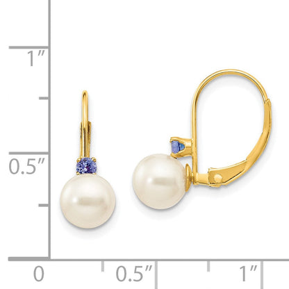 14K Gelbgold 6-6.5mm Weiß Rund Fw Zuchtperle Tansanit Ohrhänger mit Brisur