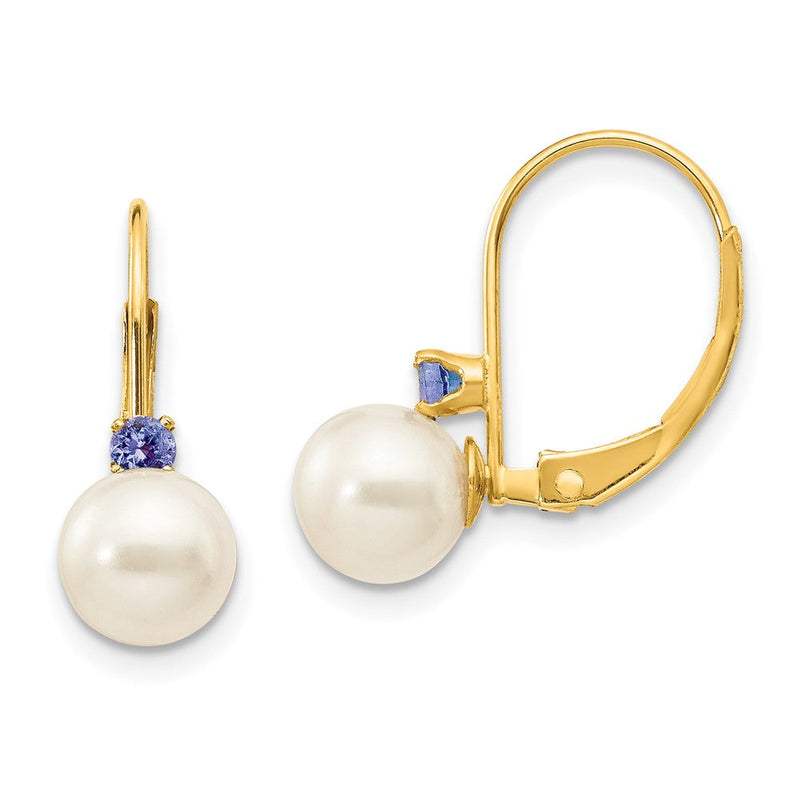 14K Gelbgold 6-6.5mm Weiß Rund Fw Zuchtperle Tansanit Ohrhänger mit Brisur