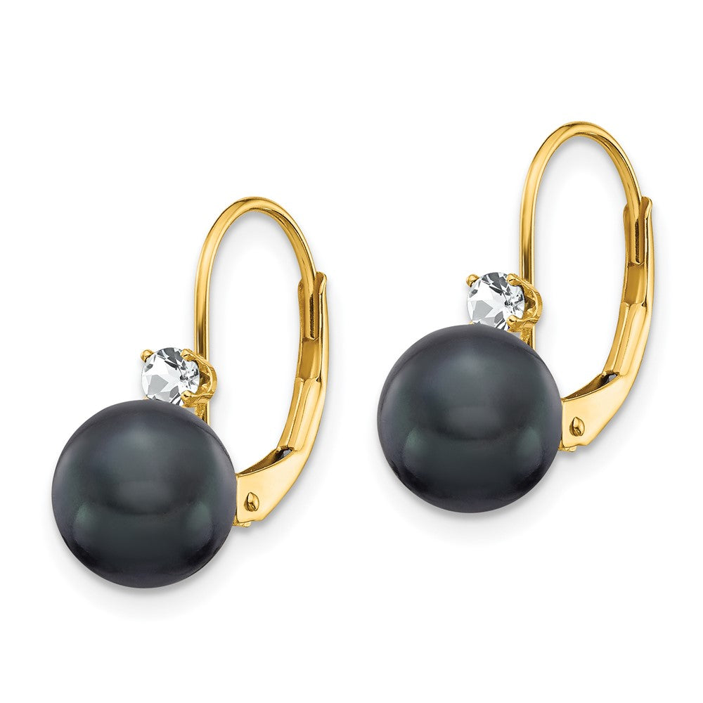 14K Gelbgold 7-8mm Schwarz Fw Zuchtperle Aa Echt Diamant Ohrhänger mit Brisur