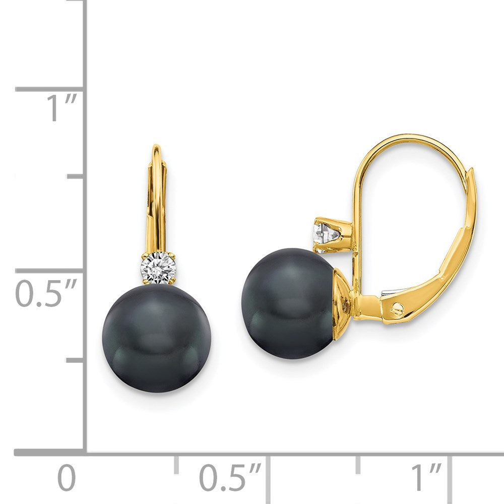 14K Gelbgold 7-8mm Schwarz Fw Zuchtperle Aa Echt Diamant Ohrhänger mit Brisur