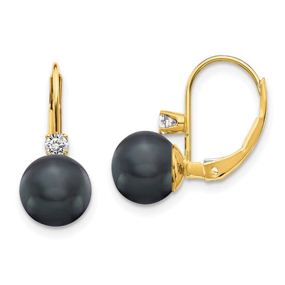 14K Gelbgold 7-8mm Schwarz Fw Zuchtperle Aa Echt Diamant Ohrhänger mit Brisur