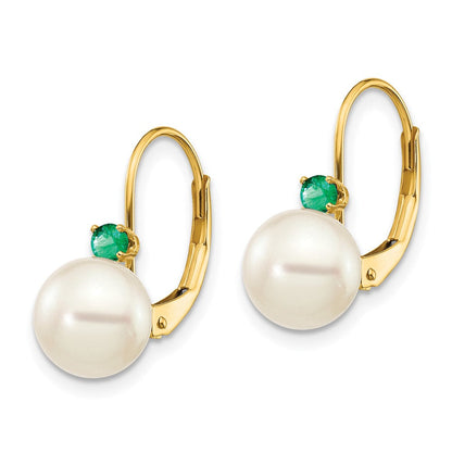 14K Gelbgold 7 7.5mm Weiß Rund Fw Zuchtperle Smaragd Ohrhänger mit Brisur
