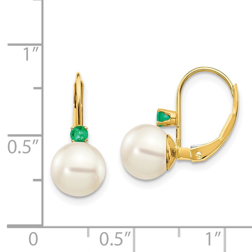 14K Gelbgold 7 7.5mm Weiß Rund Fw Zuchtperle Smaragd Ohrhänger mit Brisur