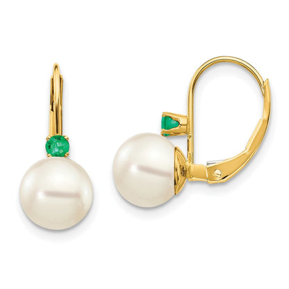 14K Gelbgold 7 7.5mm Weiß Rund Fw Zuchtperle Smaragd Ohrhänger mit Brisur