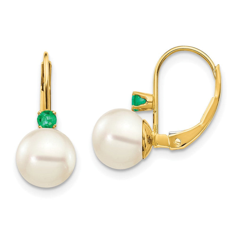 14K Gelbgold 7 7.5mm Weiß Rund Fw Zuchtperle Smaragd Ohrhänger mit Brisur