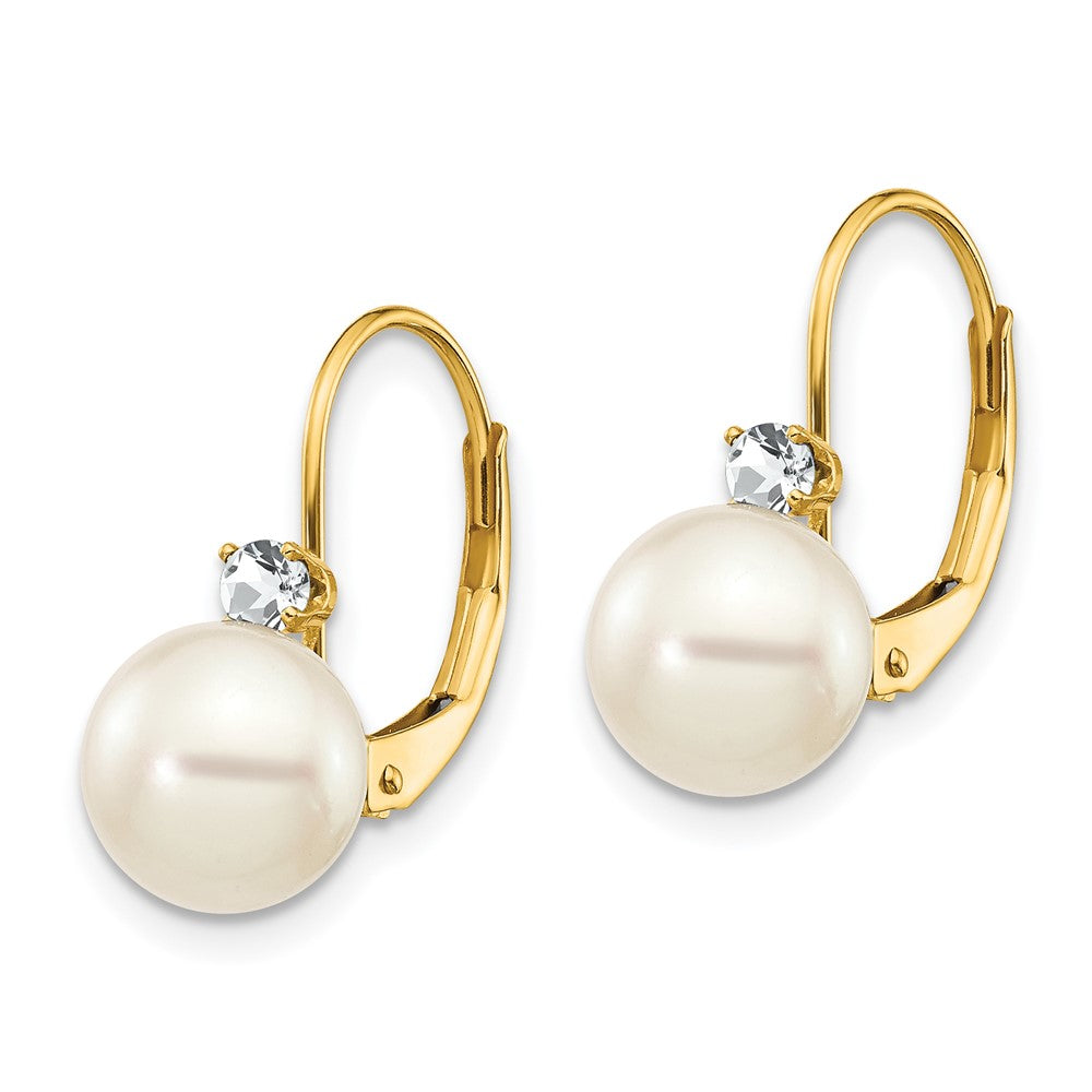 14K Gelbgold 7-8mm Whtie Rund Fw Zuchtperle Aa Echt Diamant Ohrhänger mit Brisur