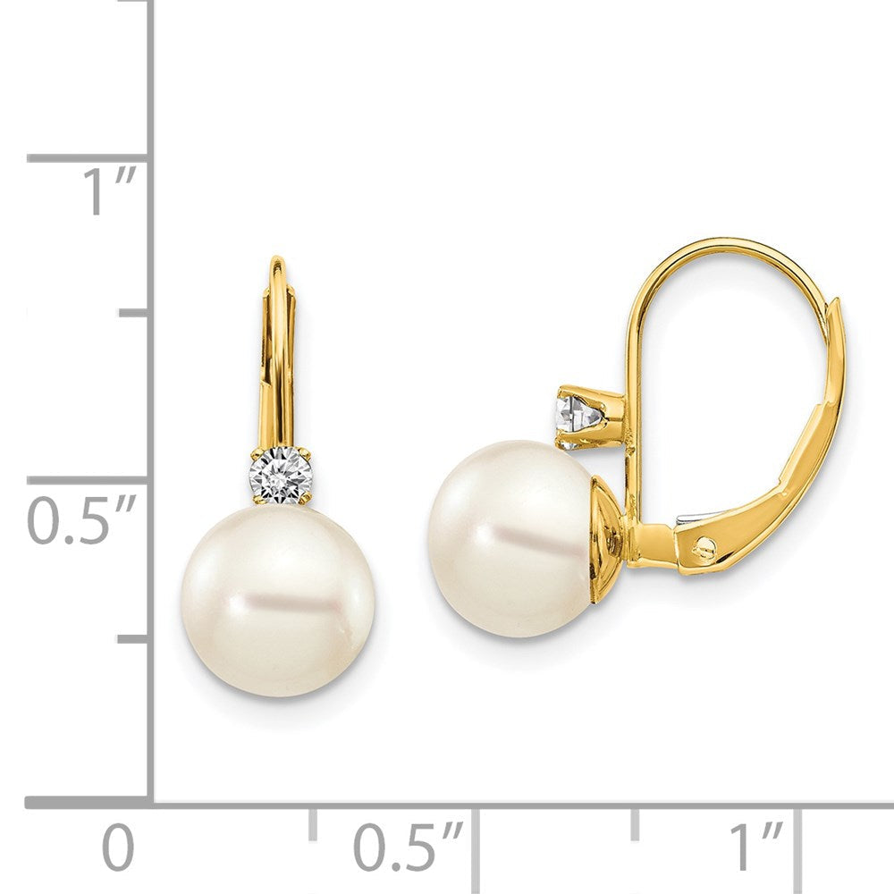 14K Gelbgold 7-8mm Whtie Rund Fw Zuchtperle Aa Echt Diamant Ohrhänger mit Brisur