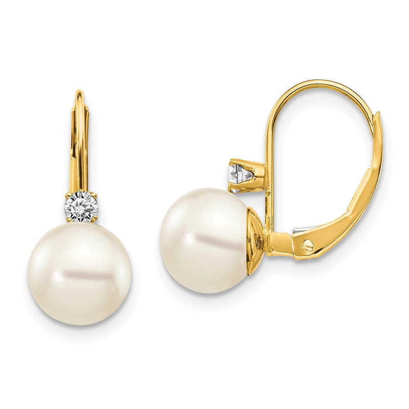 14K Gelbgold 7-8mm Whtie Rund Fw Zuchtperle Aa Echt Diamant Ohrhänger mit Brisur