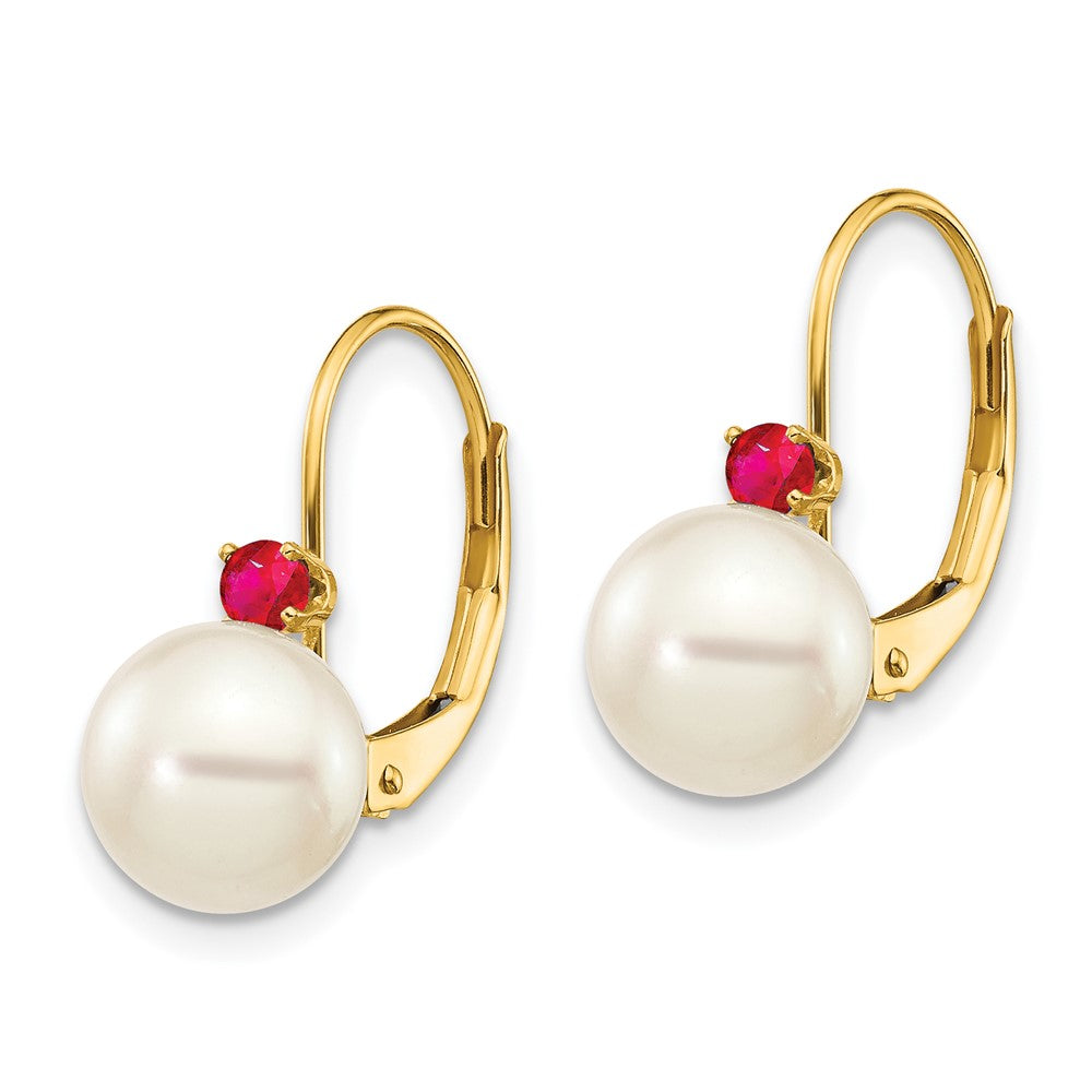 14K Gelbgold 7-7.5mm Weiß Rund Fw Zuchtperle Rubin Ohrhänger mit Brisur