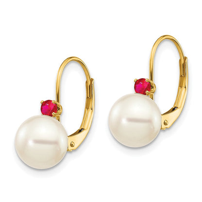 14K Gelbgold 7-7.5mm Weiß Rund Fw Zuchtperle Rubin Ohrhänger mit Brisur