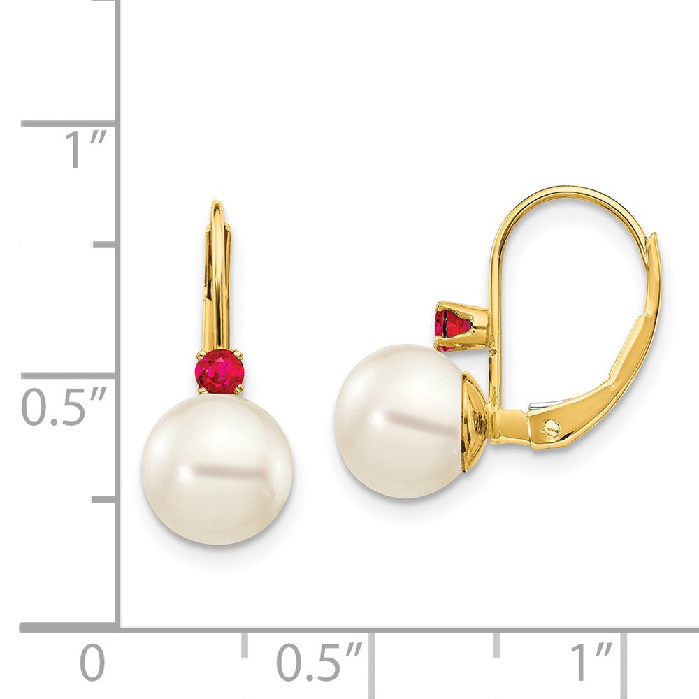 14K Gelbgold 7-7.5mm Weiß Rund Fw Zuchtperle Rubin Ohrhänger mit Brisur