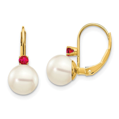 14K Gelbgold 7-7.5mm Weiß Rund Fw Zuchtperle Rubin Ohrhänger mit Brisur