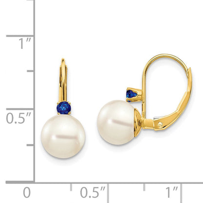 14K Gelbgold 7-7.5mm Weiß Rund Fw Zuchtperle Saphir Ohrhänger mit Brisur