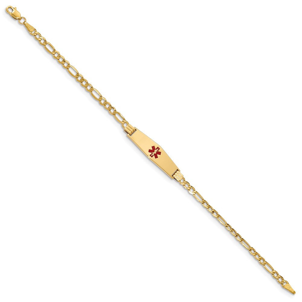 14K Gelbgold Medizinisch Halbmassiv Kette/solid Platte 26x7mm Weich Diamant Form Centered Rot Emaille Figaro Glieder 7 Zoll Id Armband