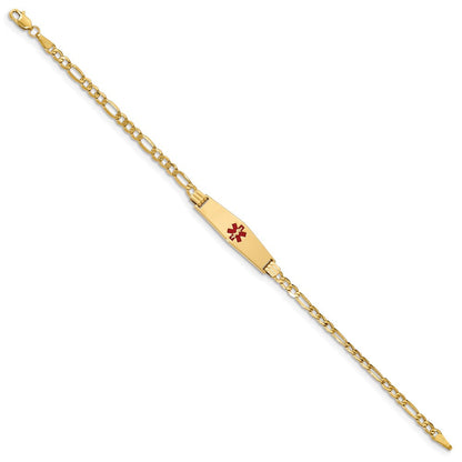 14K Gelbgold Medizinisch Halbmassiv Kette/solid Platte 26x7mm Weich Diamant Form Centered Rot Emaille Figaro Glieder 7 Zoll Id Armband