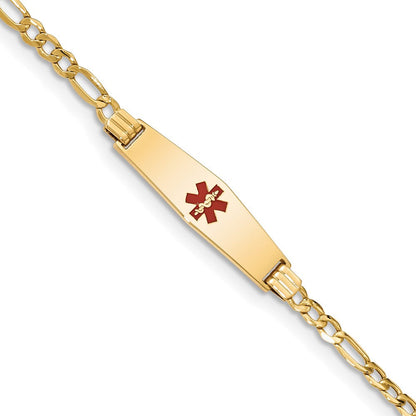 14K Gelbgold Medizinisch Halbmassiv Kette/solid Platte 26x7mm Weich Diamant Form Centered Rot Emaille Figaro Glieder 7 Zoll Id Armband