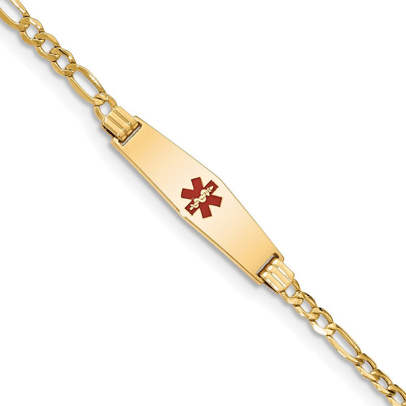 14K Gelbgold Medizinisch Halbmassiv Kette/solid Platte 26x7mm Weich Diamant Form Centered Rot Emaille Figaro Glieder 7 Zoll Id Armband
