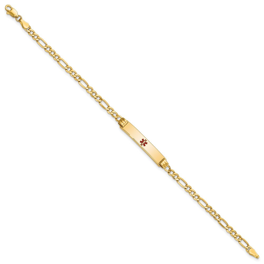 14K Gelbgold Medizinisch Halbmassiv Kette/solid Platte 26x5mm Centered Rot Emaille Figaro Glieder 7 Zoll Id Armband