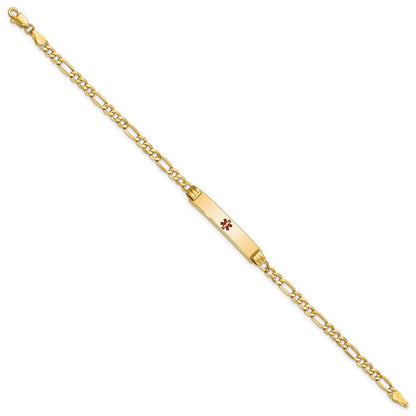 14K Gelbgold Medizinisch Halbmassiv Kette/solid Platte 26x5mm Centered Rot Emaille Figaro Glieder 7 Zoll Id Armband