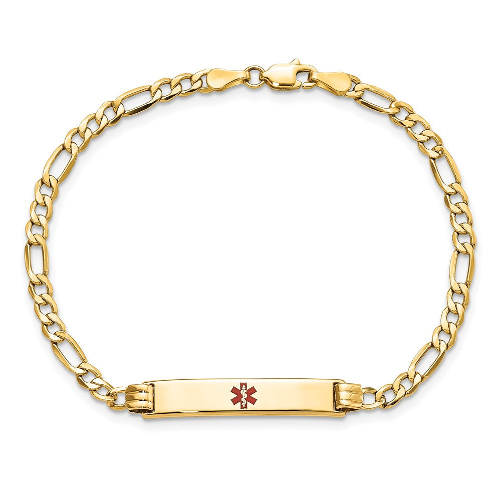 14K Gelbgold Medizinisch Halbmassiv Kette/solid Platte 26x5mm Centered Rot Emaille Figaro Glieder 7 Zoll Id Armband