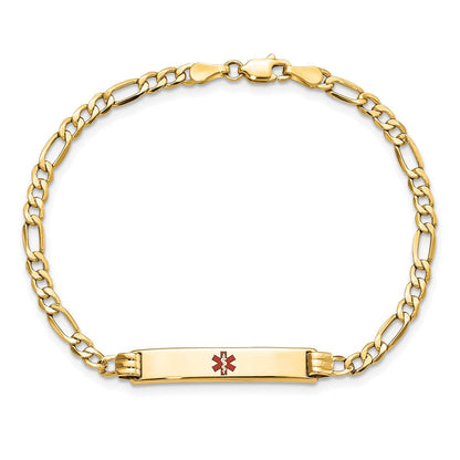 14K Gelbgold Medizinisch Halbmassiv Kette/solid Platte 26x5mm Centered Rot Emaille Figaro Glieder 7 Zoll Id Armband
