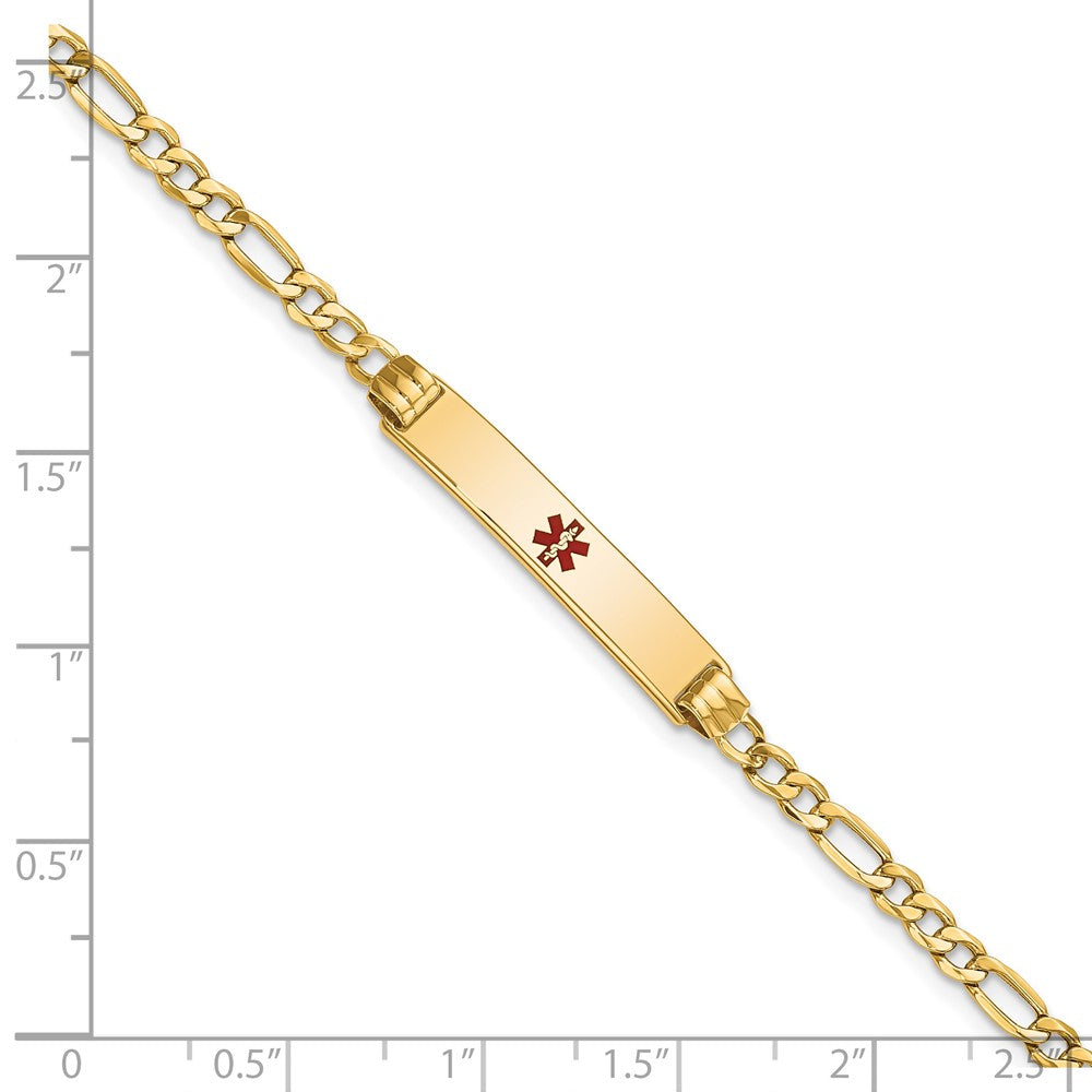 14K Gelbgold Medizinisch Halbmassiv Kette/solid Platte 26x5mm Centered Rot Emaille Figaro Glieder 7 Zoll Id Armband