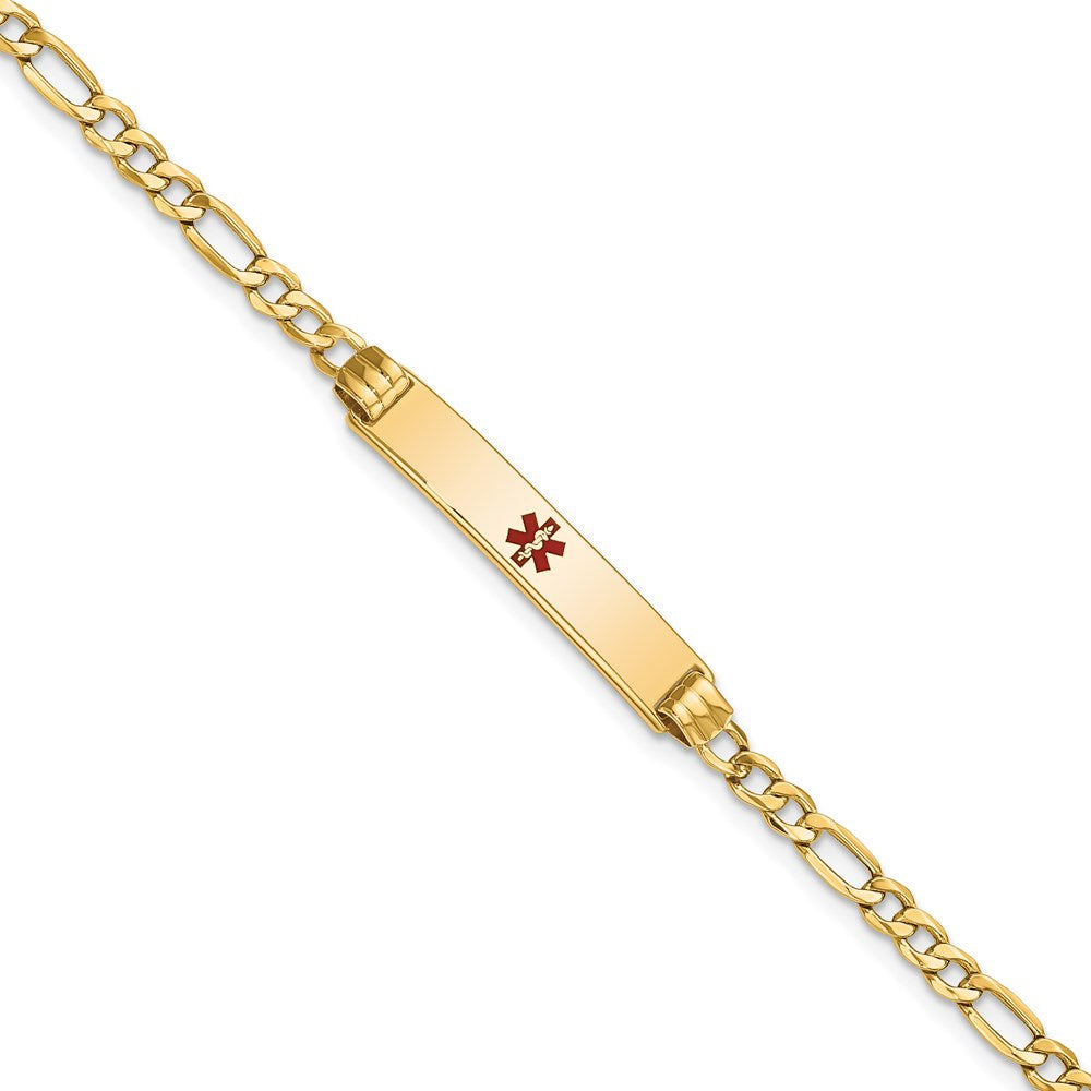 14K Gelbgold Medizinisch Halbmassiv Kette/solid Platte 26x5mm Centered Rot Emaille Figaro Glieder 7 Zoll Id Armband