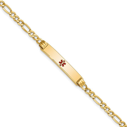 14K Gelbgold Medizinisch Halbmassiv Kette/solid Platte 26x5mm Centered Rot Emaille Figaro Glieder 7 Zoll Id Armband