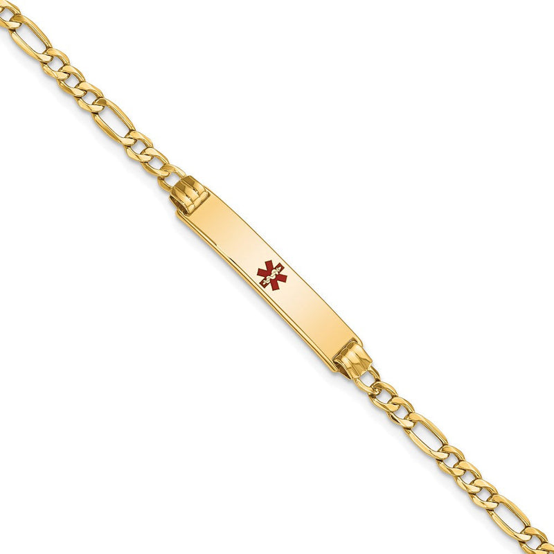 14K Gelbgold Medizinisch Halbmassiv Kette/solid Platte 26x5mm Centered Rot Emaille Figaro Glieder 7 Zoll Id Armband
