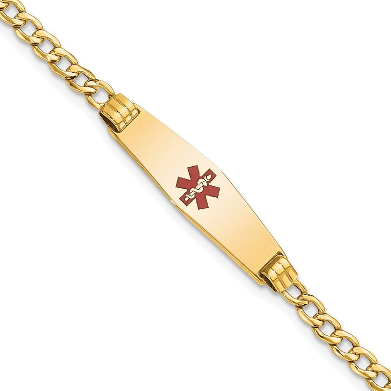 14K Gelbgold Medizinisch Halbmassiv Kette/solid Platte 26x7mm Weich Diamant Form Centered Rot Emaille Kubanisch Glieder 8 Zoll Id Armband