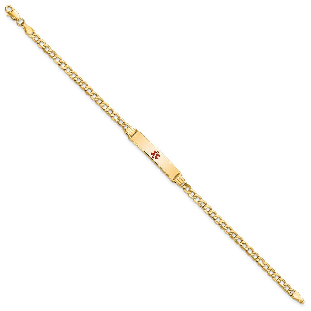 14K Gelbgold Medizinisch Halbmassiv Kette/solid Platte 26x5mm Centered Rot Emaille Kubanisch Glieder 7 Zoll Id Armband
