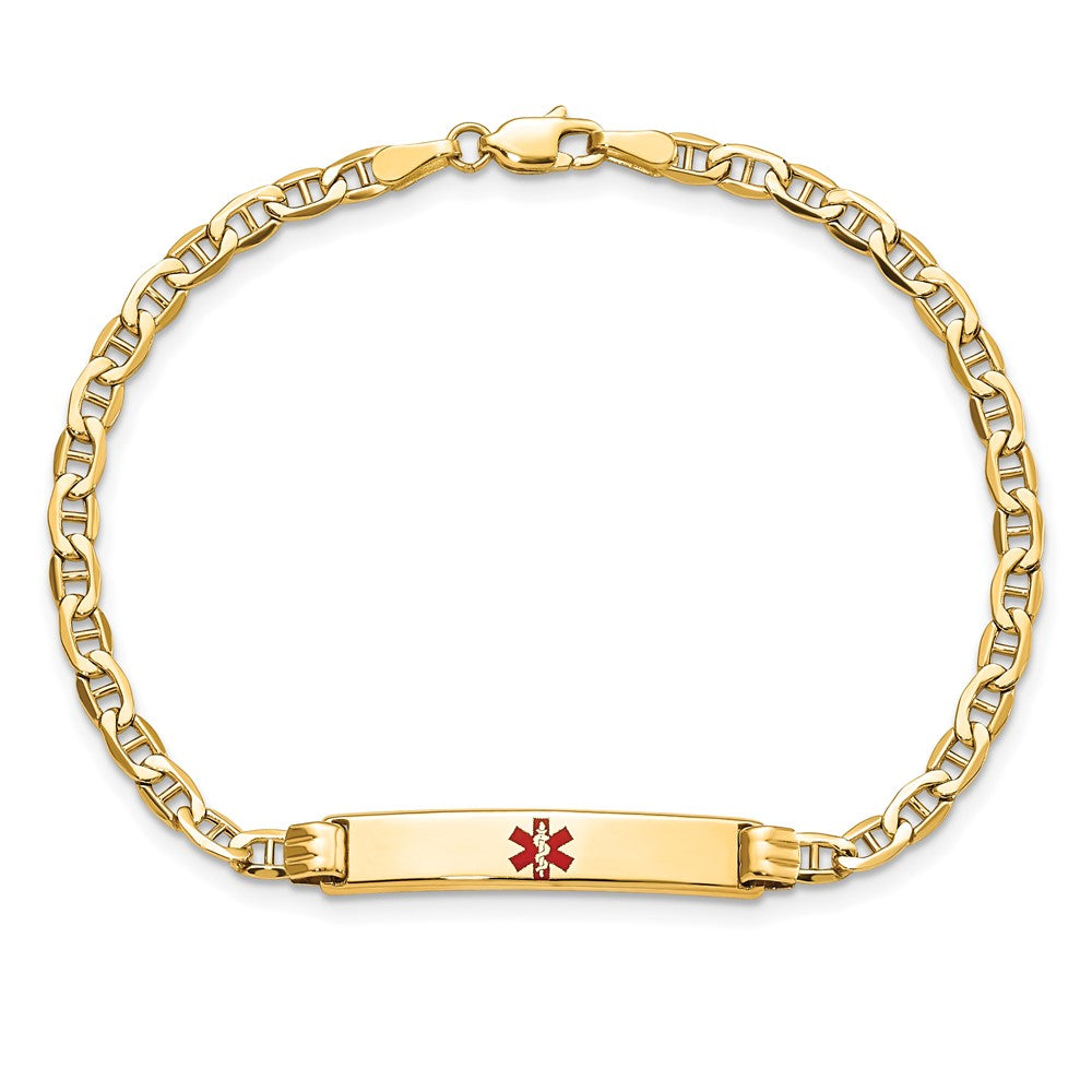 14K Gelbgold Medizinisch Halbmassiv Kette/solid Platte 26x5mm Centered Rot Emaille Anker Glieder 8 Zoll Id Armband
