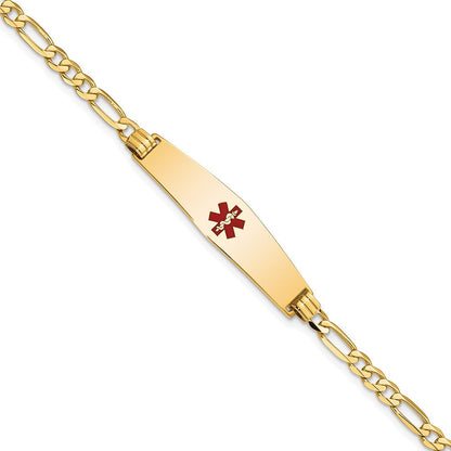 14K Gelbgold Medizinisch Massiv Kette/solid Platte Weich Diamant Form 33x8mm Centered Rot Emaille Flach Figaro Glieder 7 Zoll Id Armband