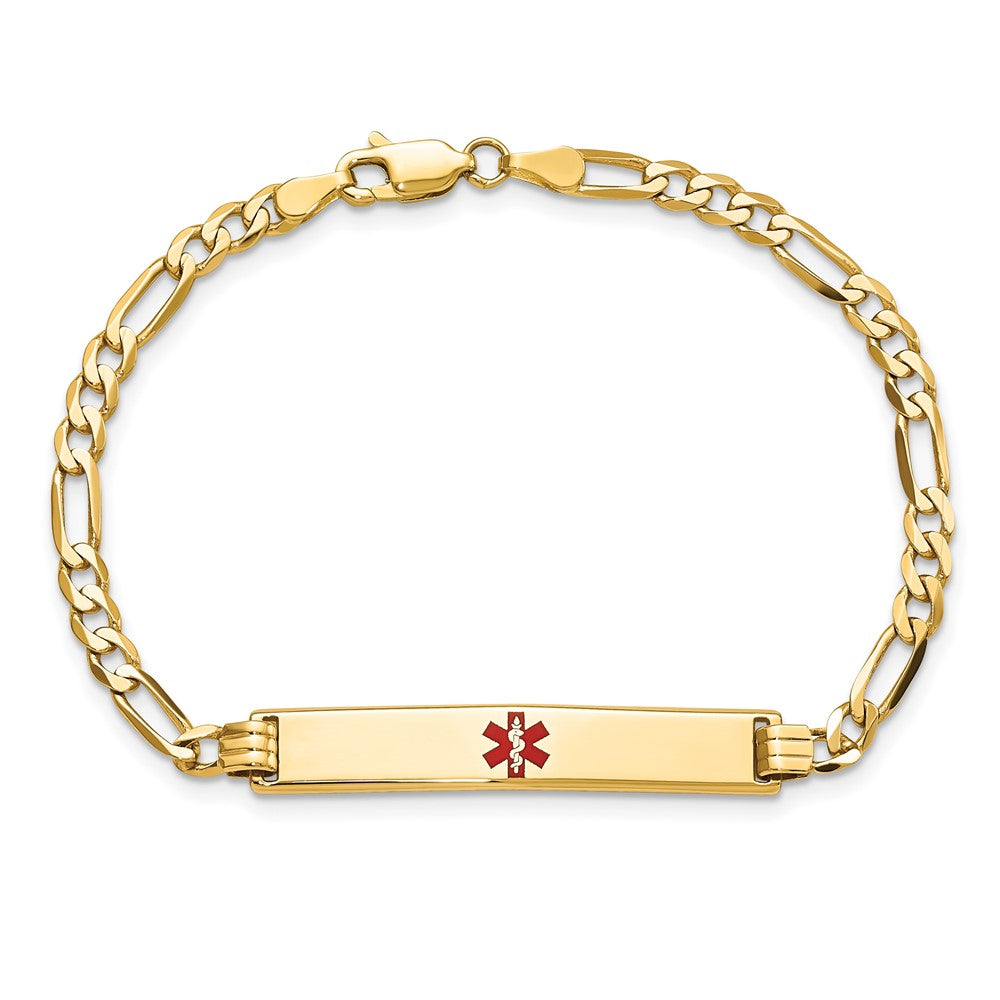 Massiv 14K Gelbgold Medizinisch Rot Emaille Flach Figaro Glieder Id Armband