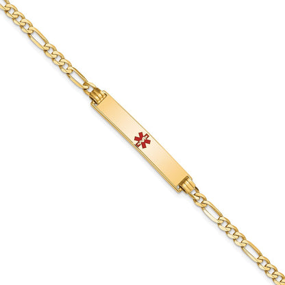 Massiv 14K Gelbgold Medizinisch Rot Emaille Flach Figaro Glieder Id Armband