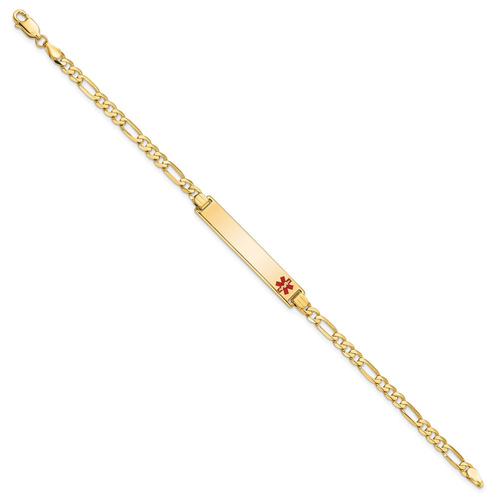 Massiv 14K Gelbgold Medizinisch Rot Emaille Flach Figaro Glieder Id Armband