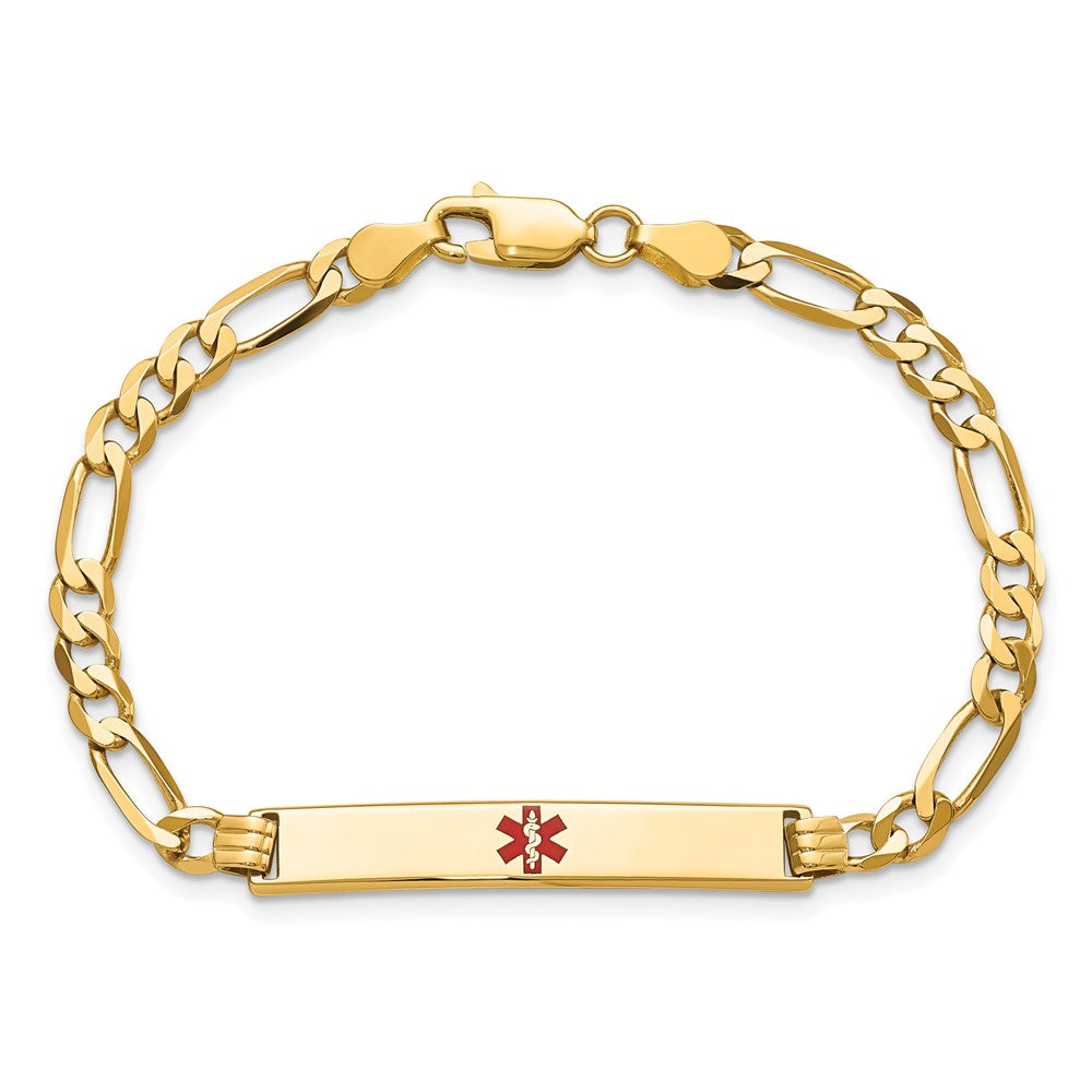 Massiv 14K Gelbgold Medizinisch Rot Emaille Flach Figaro Glieder Id Armband