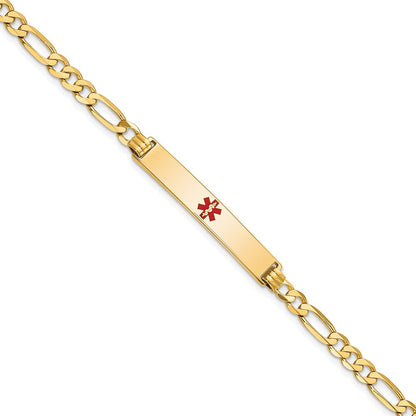 Massiv 14K Gelbgold Medizinisch Rot Emaille Flach Figaro Glieder Id Armband