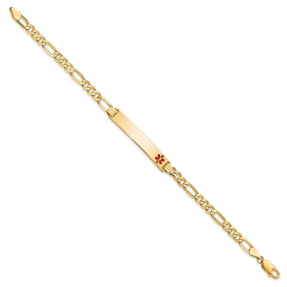 Massiv 14K Gelbgold Medizinisch Rot Emaille Flach Figaro Glieder Id Armband