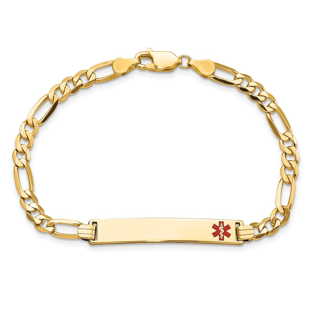 Massiv 14K Gelbgold Medizinisch Rot Emaille Flach Figaro Glieder Id Armband