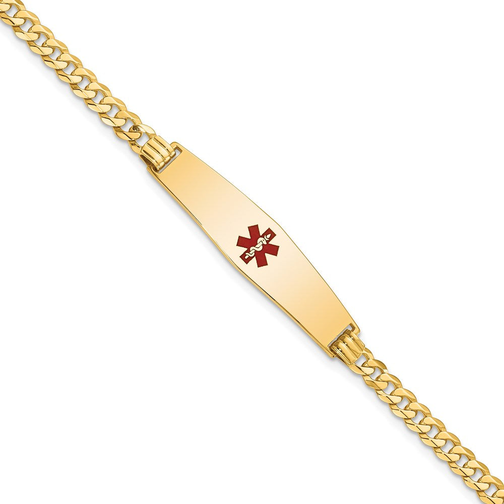 14K Gelbgold Medizinisch Massiv Kette/solid Platte Weich Diamant Form 33x8mm Centered Rot Emaille Flach Panzer Glieder 8 Zoll Id Armband