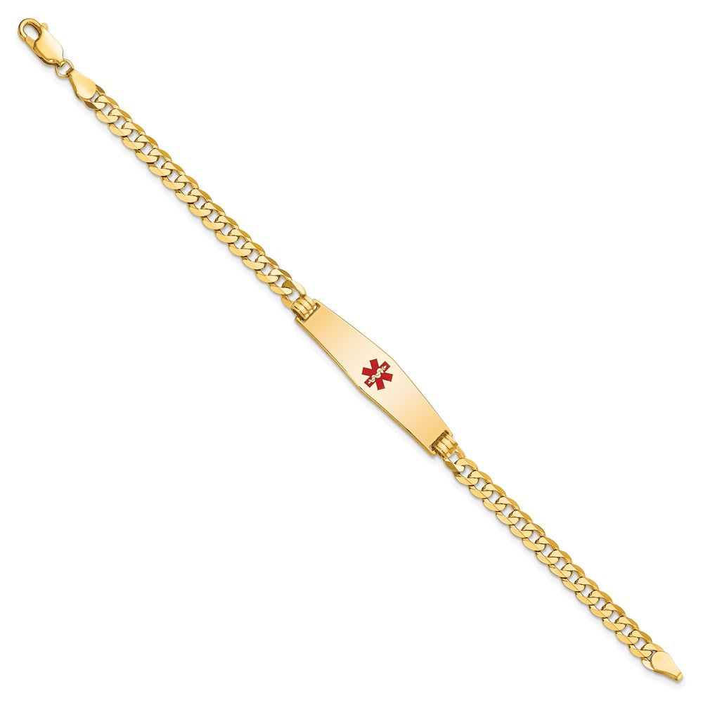 14K Gelbgold Medizinisch Massiv Kette/solid Platte Weich Diamant Form 33x8mm Centered Rot Emaille Flach Panzer Glieder 7 Zoll Id Armband