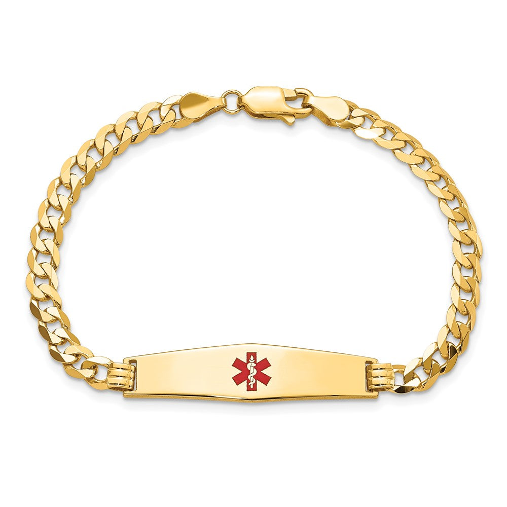 14K Gelbgold Medizinisch Massiv Kette/solid Platte Weich Diamant Form 33x8mm Centered Rot Emaille Flach Panzer Glieder 7 Zoll Id Armband