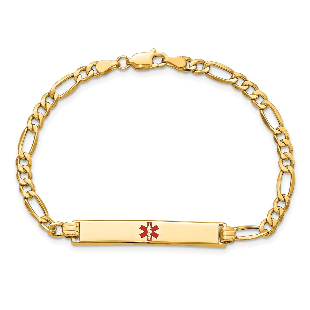 14K Gelbgold Medizinisch Halbmassiv Kette/solid Platte 34x6mm Centered Rot Emaille Figaro Glieder 8 Zoll Id Armband