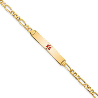 14K Gelbgold Medizinisch Halbmassiv Kette/solid Platte 34x6mm Centered Rot Emaille Figaro Glieder 8 Zoll Id Armband