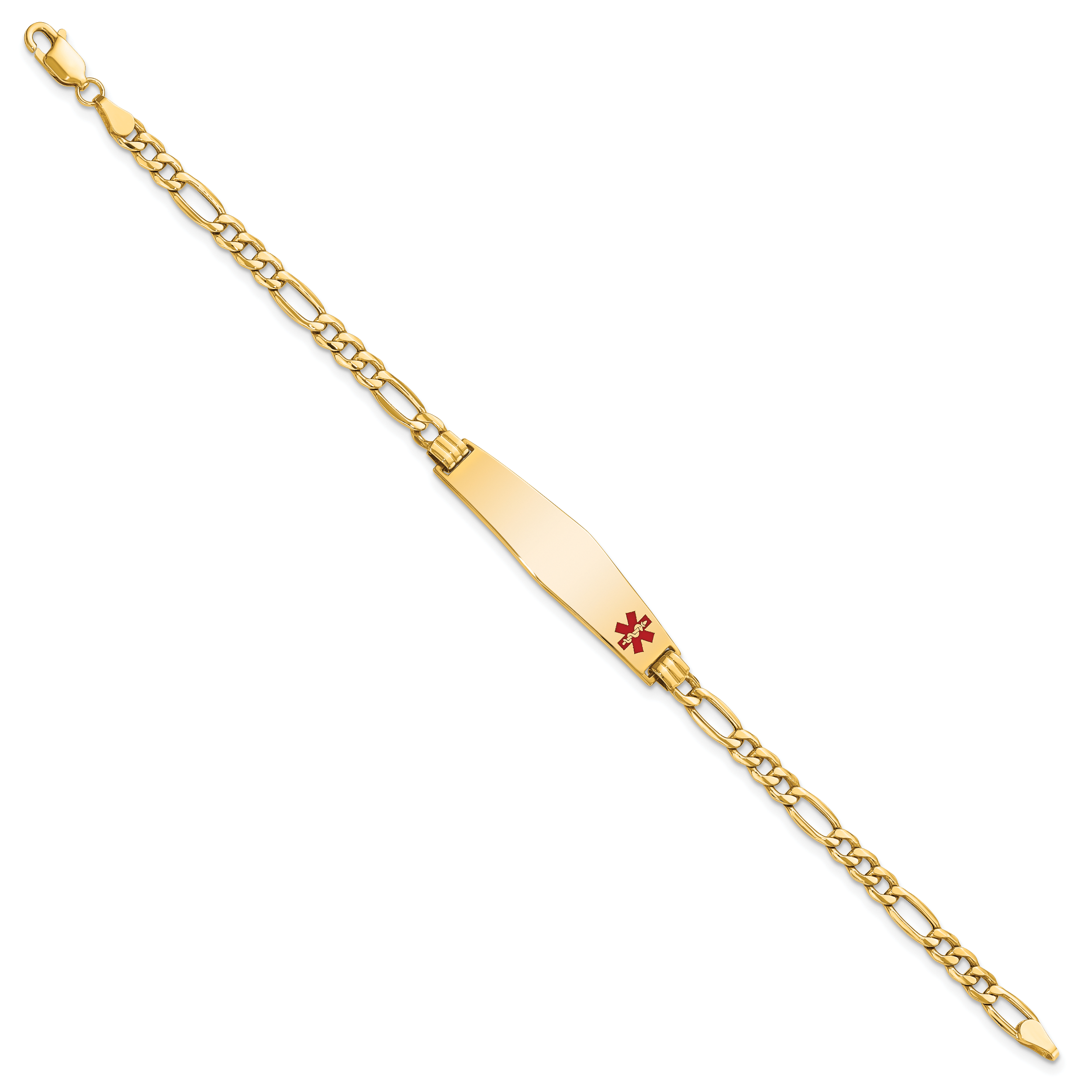 14K Gelbgold Medizinisch Halbmassiv Kette/solid Platte Weich Diamant Form 34x8mm Off Mittig Rot Emaille Figaro Glieder 8 Zoll Id Armband
